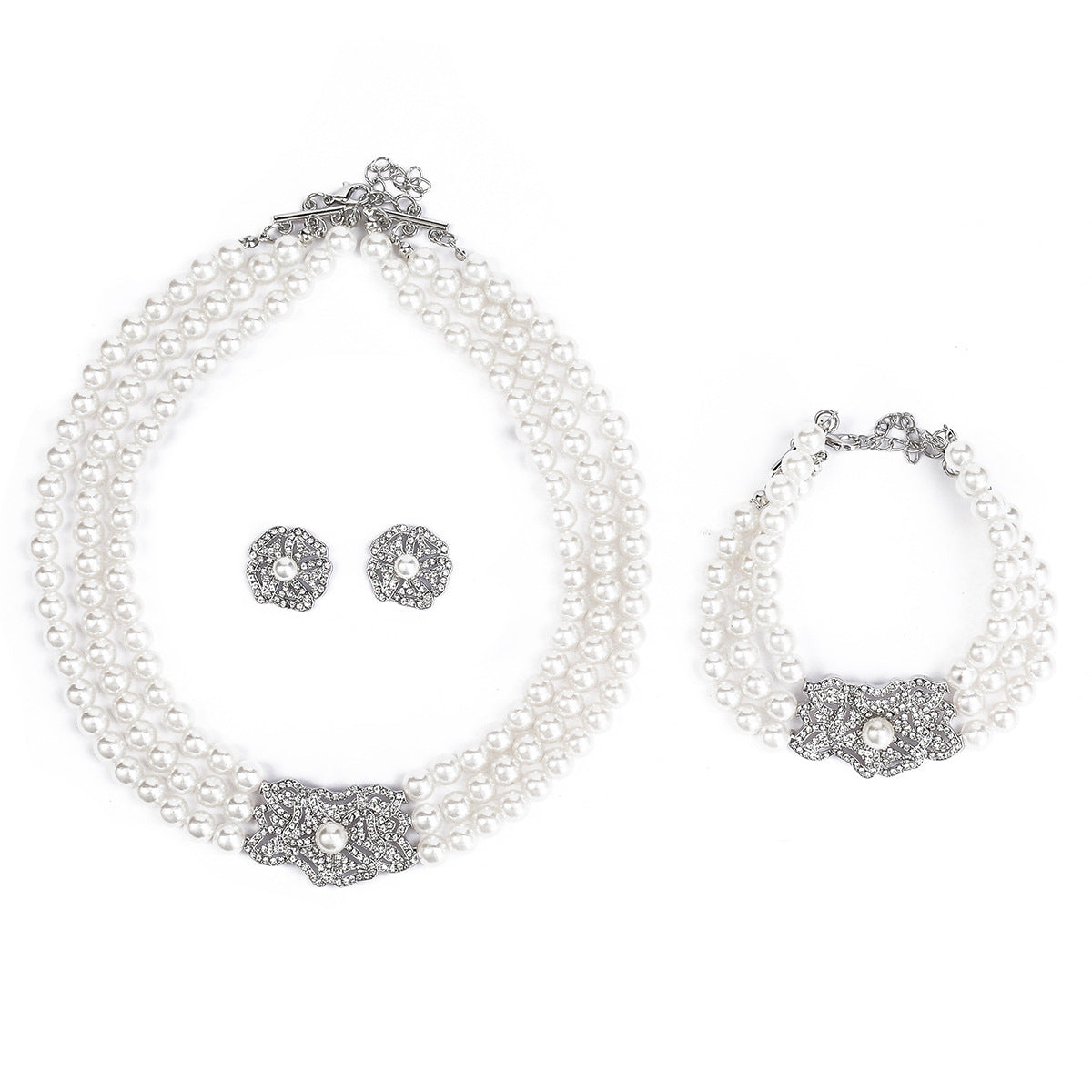 Floral Pearl Necklace Set with Rhinestone Accents for Women Including Necklace Bracelet and Earrings