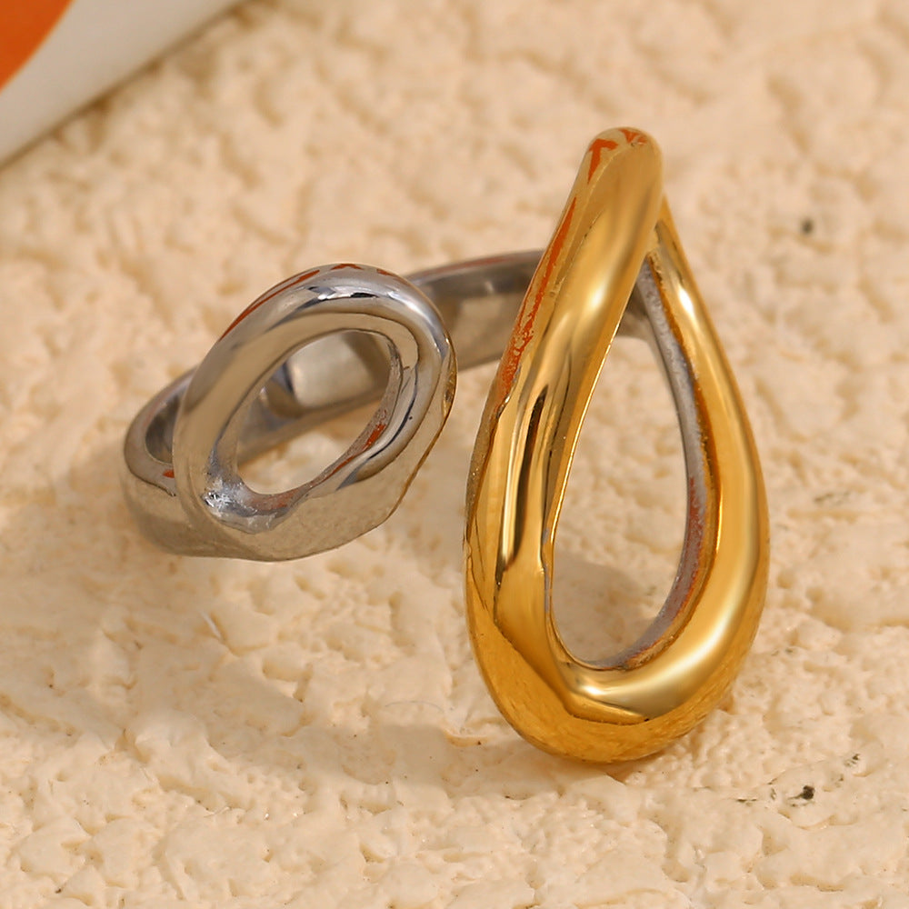 Minimalist Creative Geometric Stainless Steel Plated 18K Gold Two-Tone Open Drop-Shaped Ring for Women