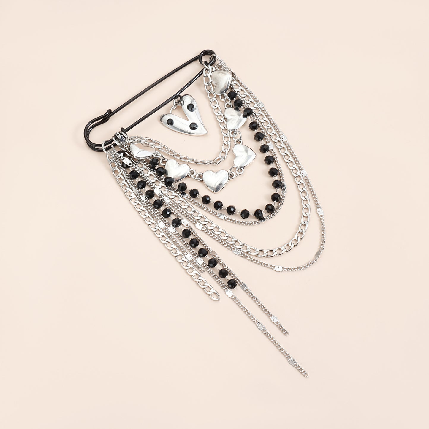 Sweet Streetwear Y2K Geometric Heart Alloy Plated Tassel Brooch with Black Beads