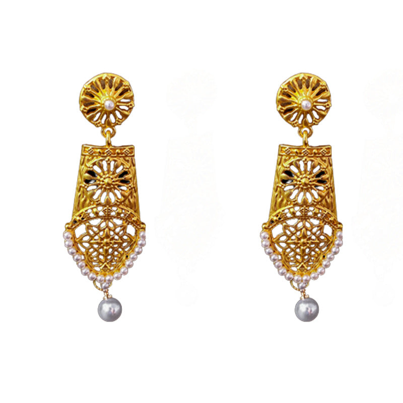 Vintage Floral Hoop Earrings with Pearl Accents in Alloy with Silver-Plated Steel Posts for Women