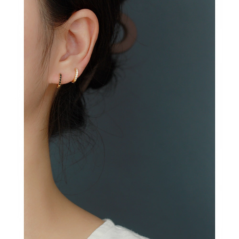 Streetwear Luxury Round 925 Sterling Silver Inlaid Rhinestone Hoop Earrings Geometric Design Unisex
