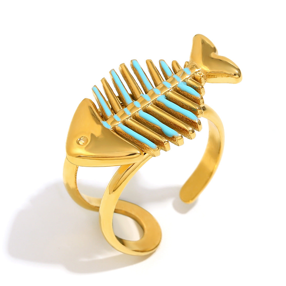 Anello da Donna Alla Moda a Forma di Pesce in Acciaio Inossidabile con Placcatura in Oro 18K e Finitura Smaltata