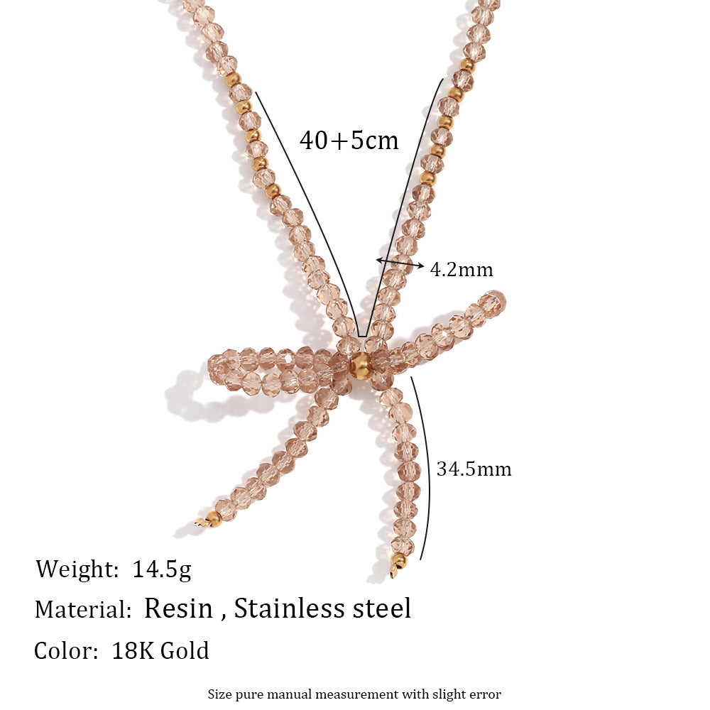 Fashionable Bow-Shaped Stainless Steel Necklace with Champagne Faceted Crystal Pendant for Women