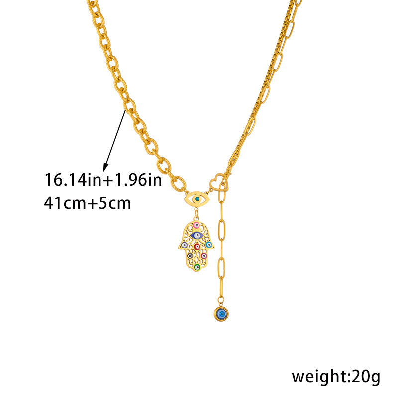 Vintage Fashion Enamel Plated Stainless Steel Fatima Hand Eye Pendant Necklace with Irregular Shape and Adjustable Chain