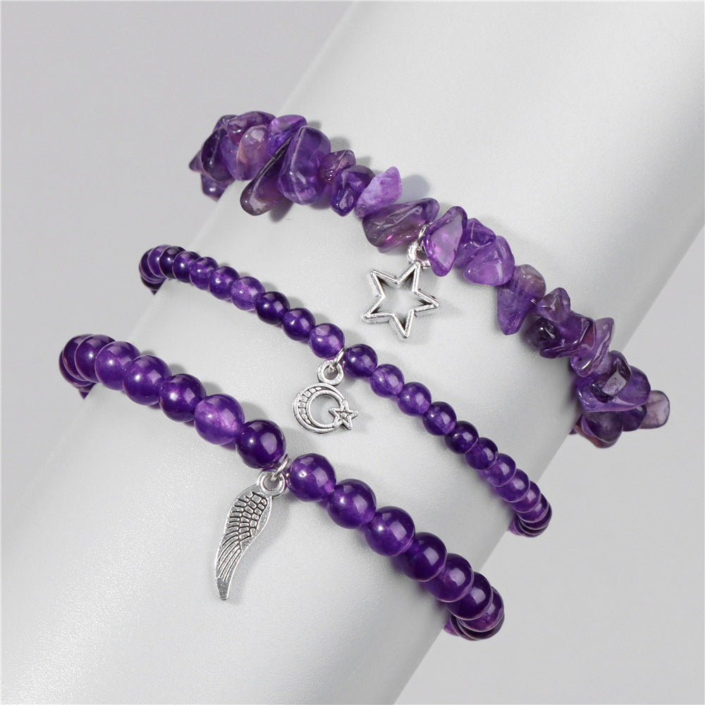 Vintage Amethyst Crystal Chip Beads Bracelet with Star Moon Pendant Geometric Irregular Stone Elastic Multi-Layer Bracelet for Women