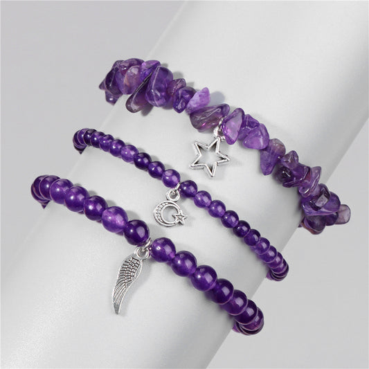Vintage Amethyst Crystal Chip Beads Bracelet with Star Moon Pendant Geometric Irregular Stone Elastic Multi-Layer Bracelet for Women