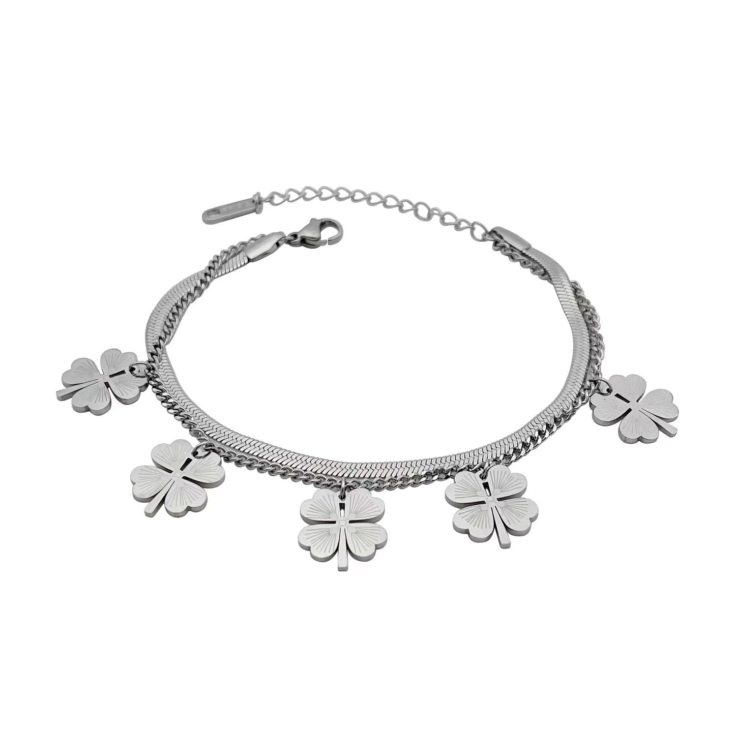 Pulsera de acero de titanio de doble capa con trébol de cuatro hojas, minimalista, para mujer, con acabado chapado