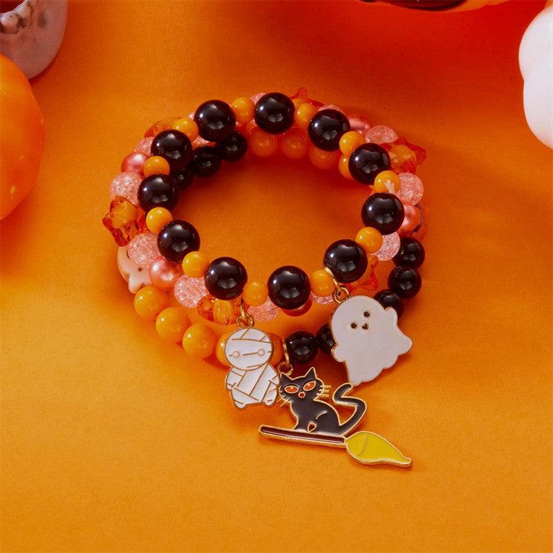 Braccialetto elasticizzato con perline casual geometriche a fantasma e zucca per donna con ciondolo in plastica