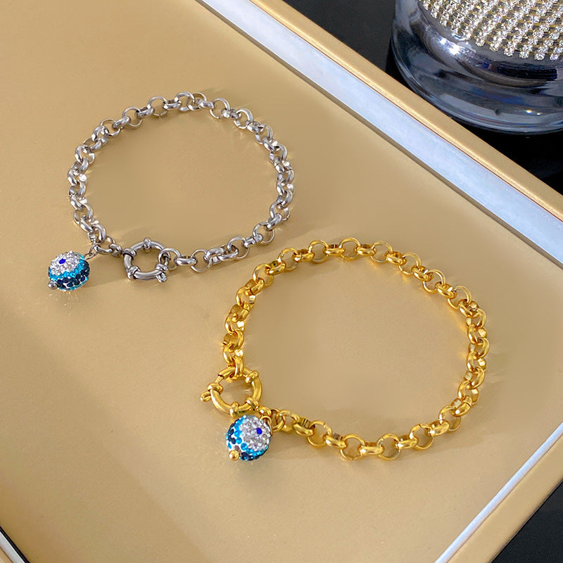 Luxury Rhinestone Inlaid Geometric Eye Cuban Link Chain Charm Bar Titanium Steel Bracelet