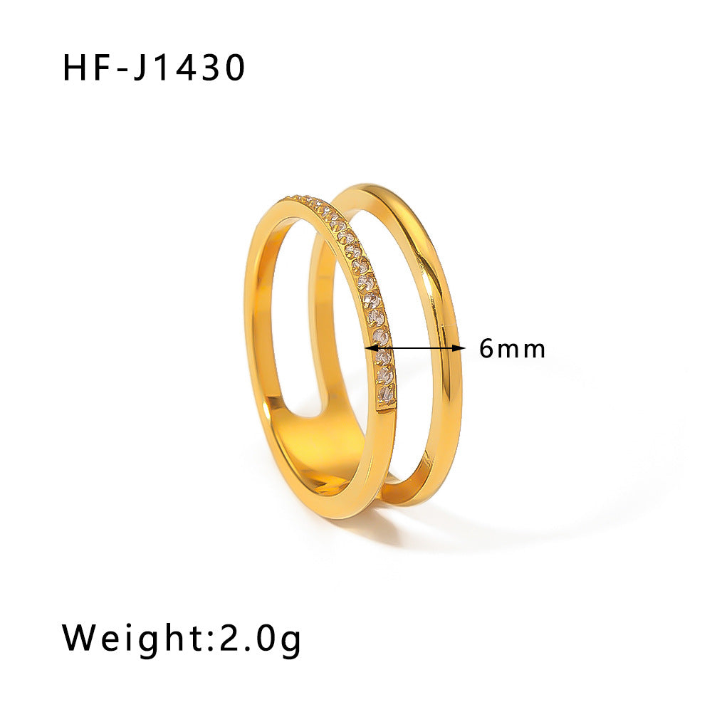 Anello da donna minimalista a doppio strato rotondo geometrico in acciaio inossidabile con intarsio di strass