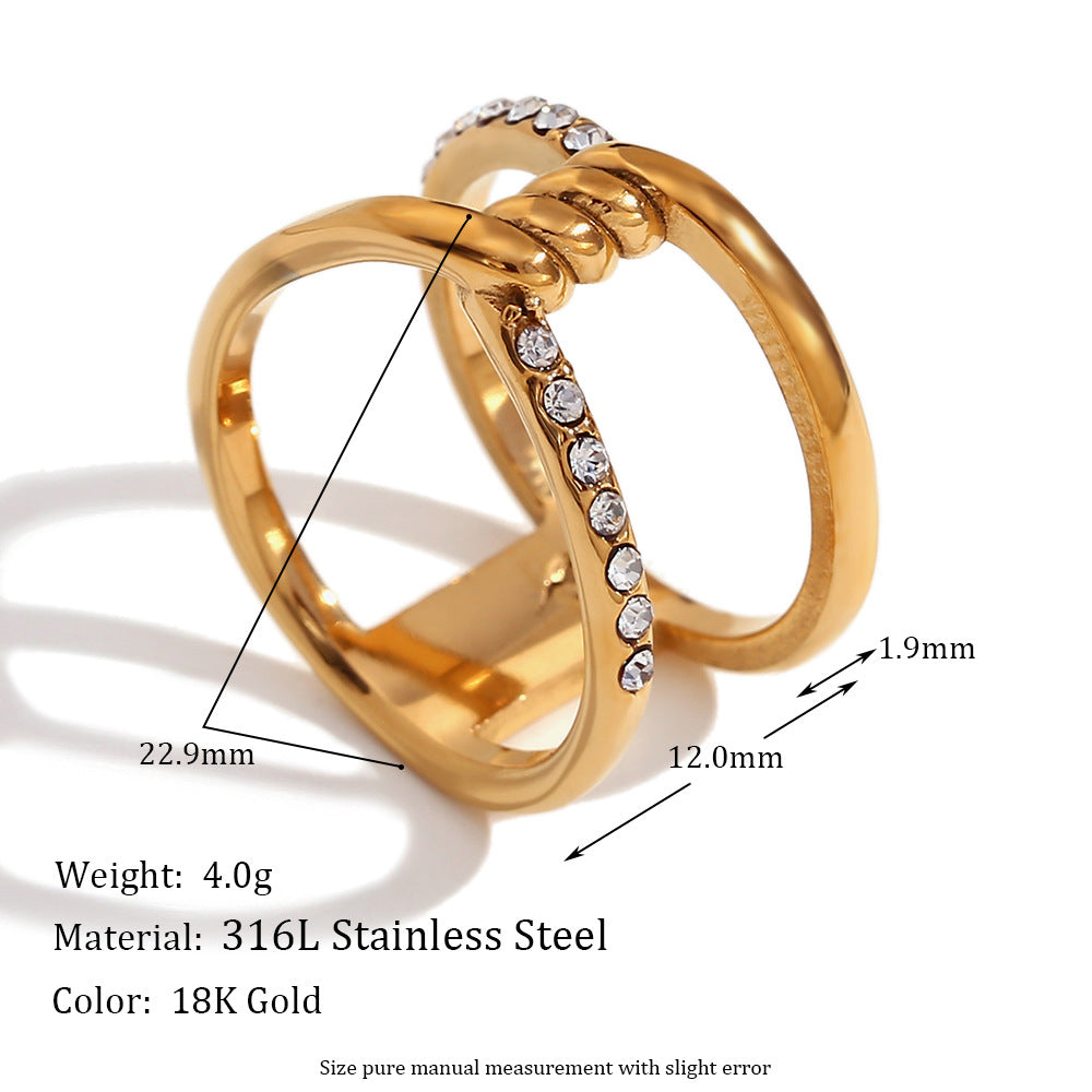 Vintage-Inspired Geometric Titanium Steel Plated 18K Gold Double-Layer Hollow Wire-Wrapped Micro-Paved Rhinestone Ring for Women