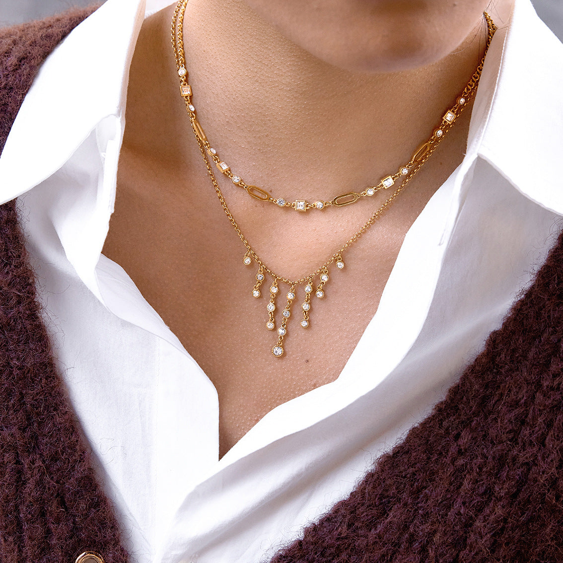 Collana con ciondolo geometrico di lusso con strass in acciaio al titanio placcato PVD in oro 18 carati da donna
