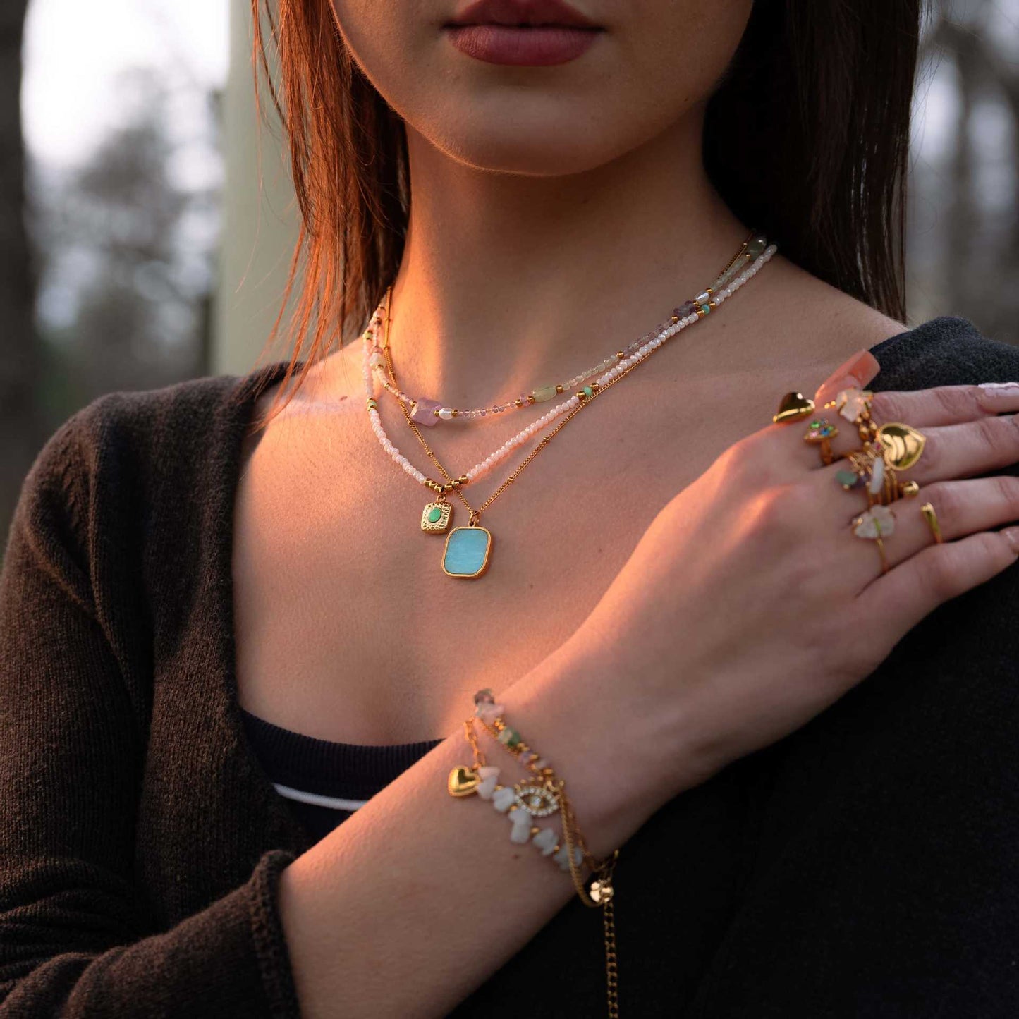Pulsera de Acero Inoxidable con Corazón a la Moda, Baño de Oro de 18K y Cuentas de Piedra Natural