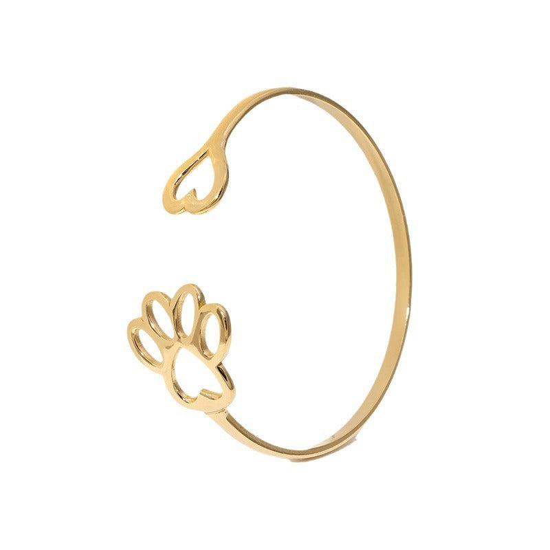 Minimalist Stainless Steel Adjustable Bracelet with Heart and Cat Paw Charm, Polished and Plated