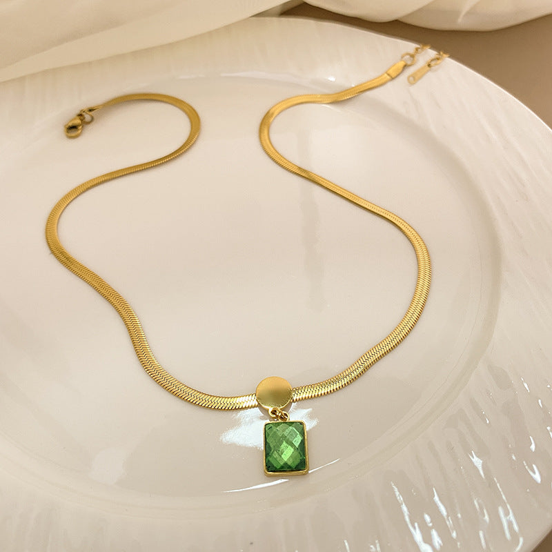 Vintage Square Geometric Titanium Steel Gold Plated Cubic Zirconia Pendant Necklace