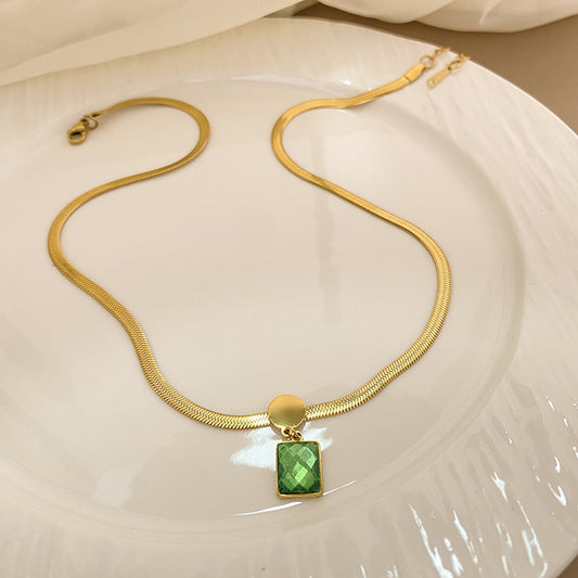 Vintage Square Geometric Titanium Steel Gold Plated Cubic Zirconia Pendant Necklace