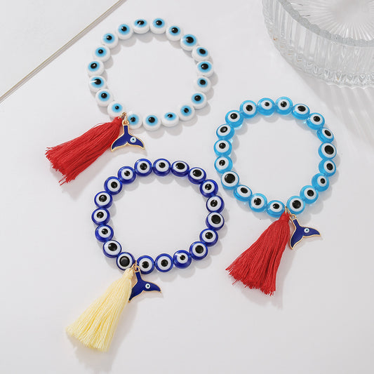 Handmade Geometric Round Evil Eye Mermaid Tassel Bracelet for Unisex