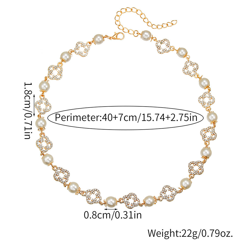 Geometric Hollow Flower Four-Leaf Clover Necklace with Rhinestone and Imitation Pearl for Women
