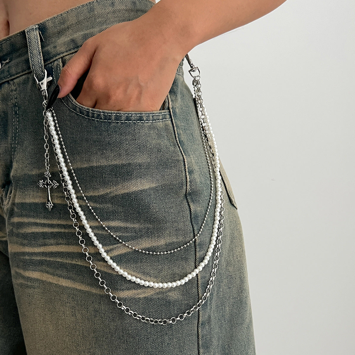 Sweet and Cool Style Cross Pendant Waist Chain for Women with Polished Metal Beads Multi-Layer Belt Jewelry