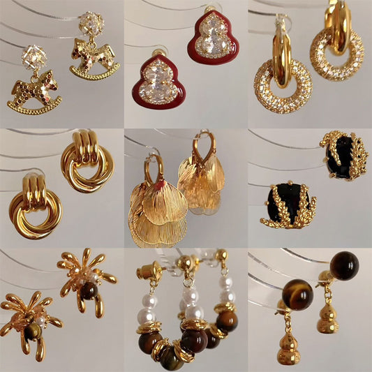 Orecchini a perno in acciaio al titanio con forme geometriche, zirconi e occhio di tigre, da donna, stile minimalista di lusso per l'ufficio e l'uso quotidiano