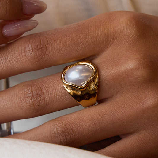Anillo de Acero de Titanio Geométrico con Incrustación tipo Perla, Chapado para Mujer, Joyería de Moda Resistente al Deslustre