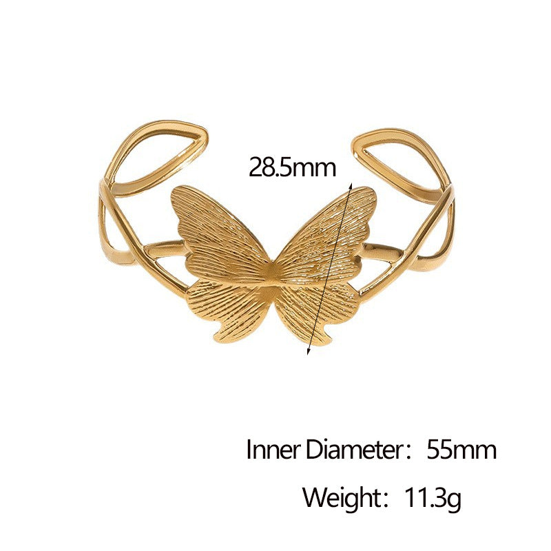 Bracciale a Polsino Aperto da Donna Minimalista a Farfalla in Acciaio Inossidabile Placcato Oro 18K