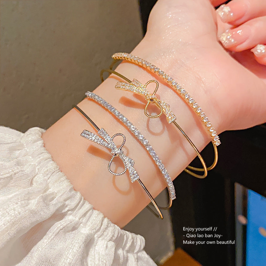 Minimalist Sweet Cubic Zirconia Inlaid Brass Bow Cuff Bracelet for Women