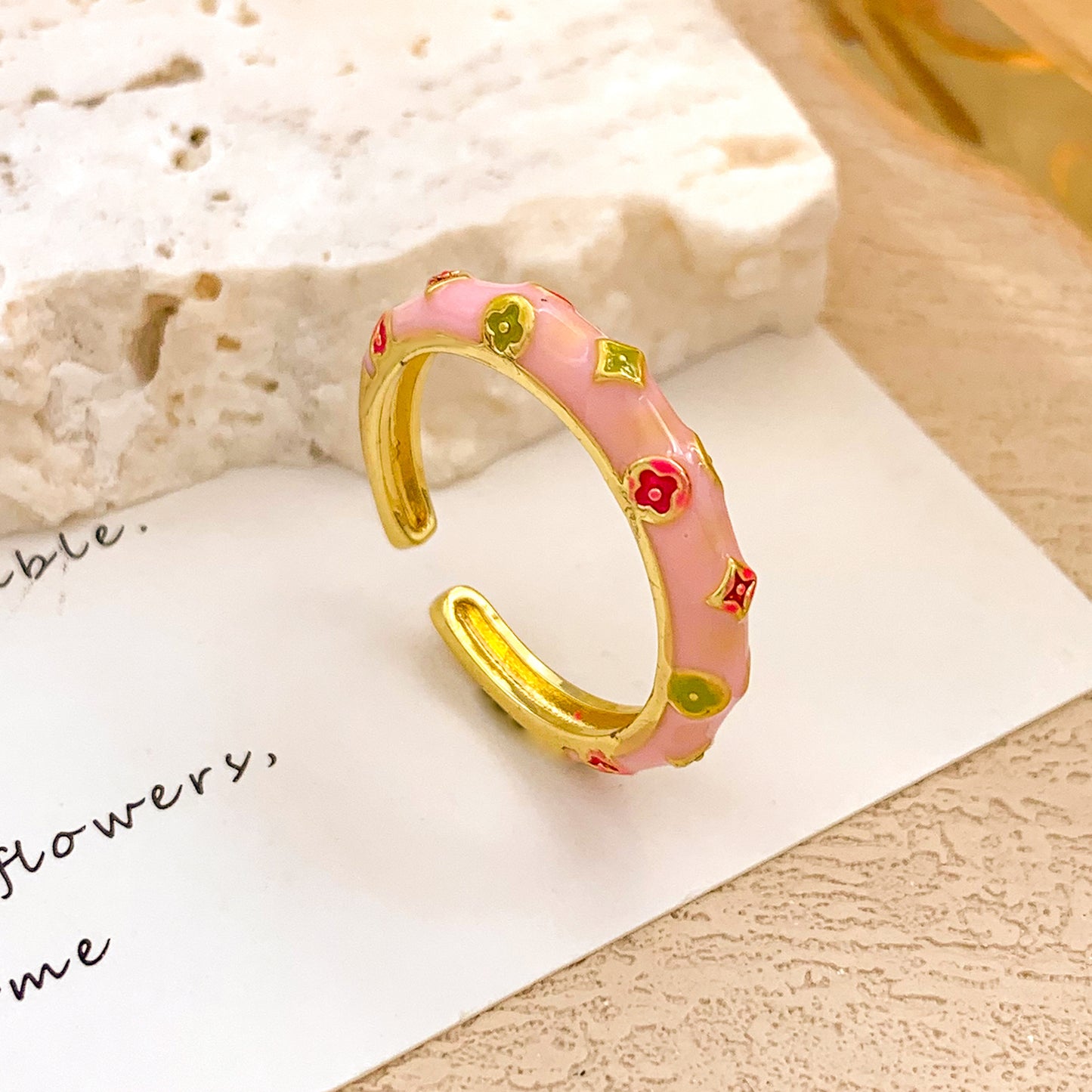 Sweet Gold Plated Drip Oil Floral Alloy Ring for Women