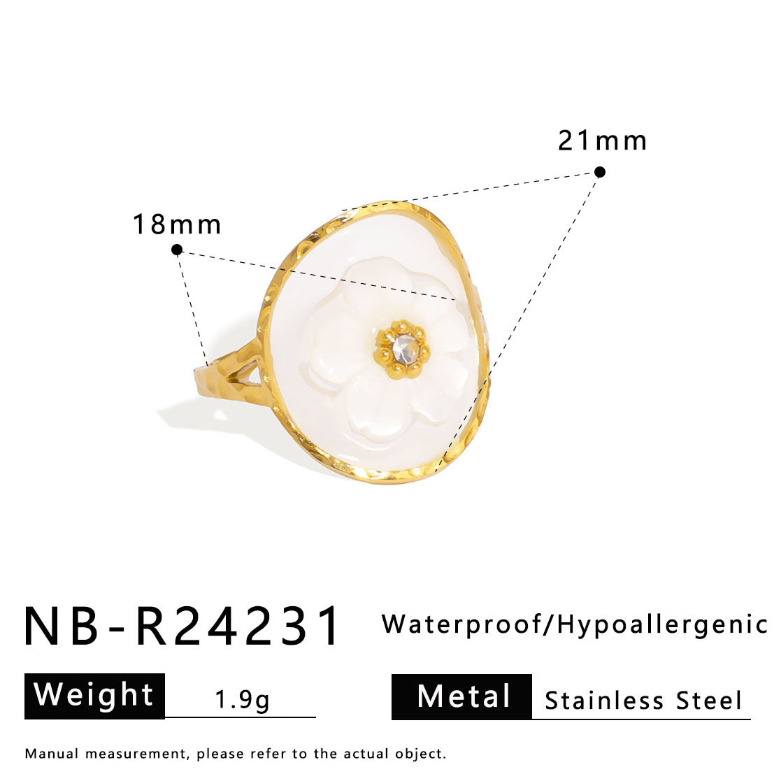 Ins Style Flower Shaped Stainless Steel Open Ring with Rhinestone Inlay and Enamel Finish for Women and Men