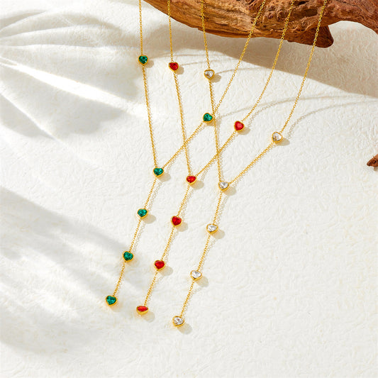 Minimalist Vintage Faceted Colorful Rhinestone Heart Stainless Steel Y-Shape Necklace for Women