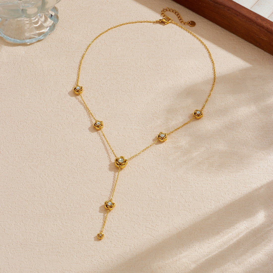 Minimalist Gold Plated Stainless Steel Floral Rhinestone Y-Shape Pendant Necklace for Women