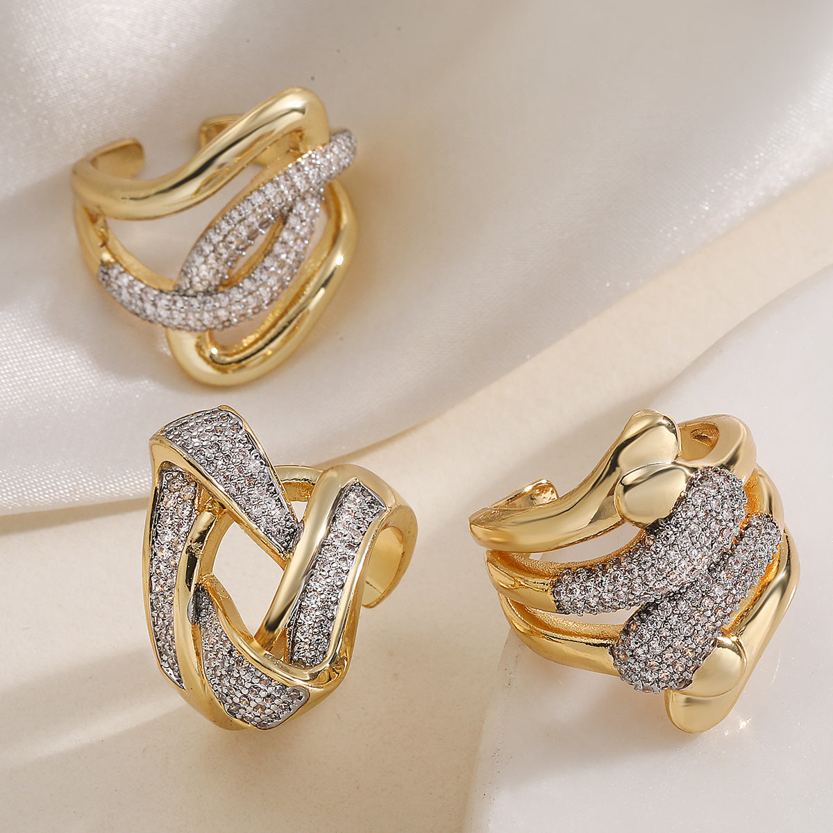 Minimalist Two-Tone Plated Cubic Zirconia Geometric Irregular Open Ring for Women