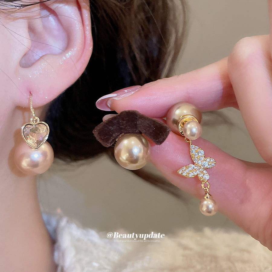 Elegantes Pendientes de Tuerca para Mujer de Estilo Retro Francés con Mariposa y Perla en Forma de Corazón con Circonitas y Postes de Acero Inoxidable