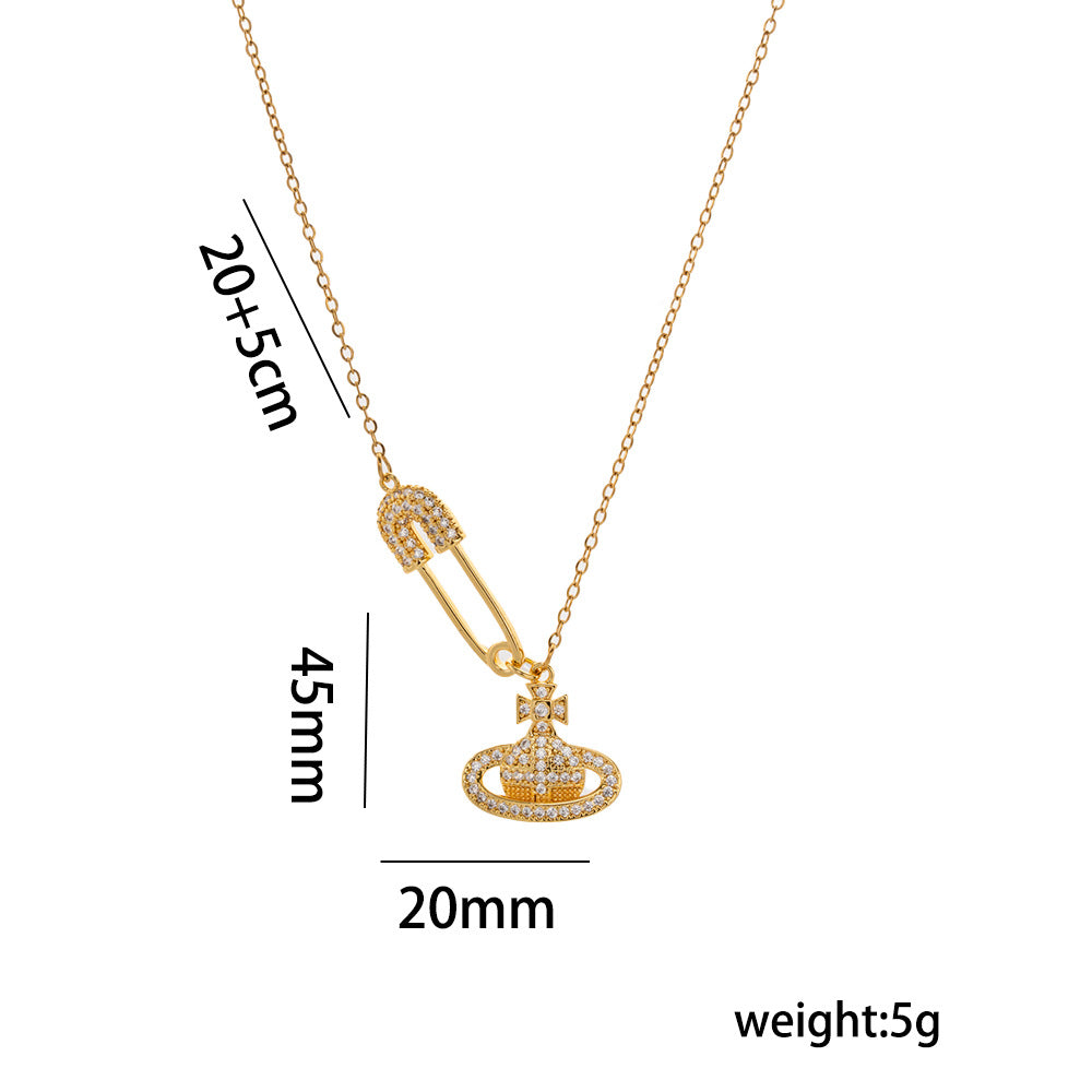Luxury Saturn-Shaped Micro-Paved Rhinestone Titanium Steel Necklace for Women with Gold-Plated Finish and O-Chain