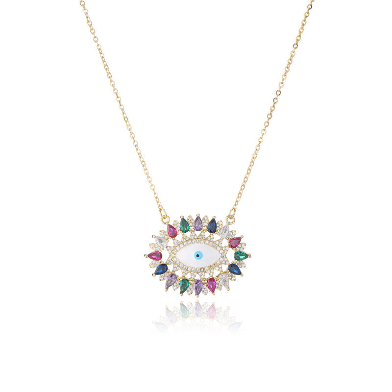 Minimalist Vintage Geometric Brass Micro-Inlaid Cubic Zirconia Evil Eye Pendant Necklace with Cable Chain