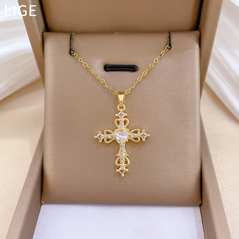 Sweet Hollow Heart Cross Rhinestone Titanium Steel Necklace for Unisex