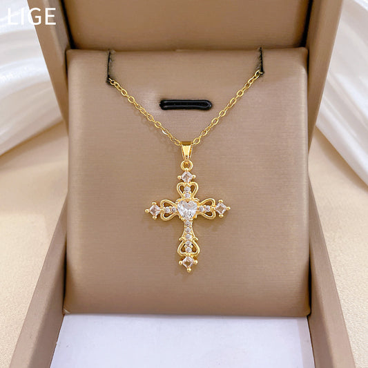 Sweet Hollow Heart Cross Rhinestone Titanium Steel Necklace for Unisex