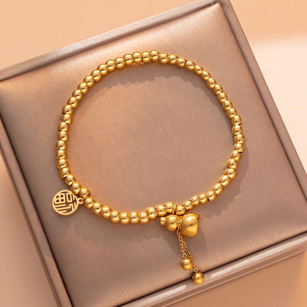 Luxury Style Geometric Shaped Titanium Steel Gold-Plated Elastic Bracelet with Chinese Character 'Fu' and 'Xi' Pendant for Women