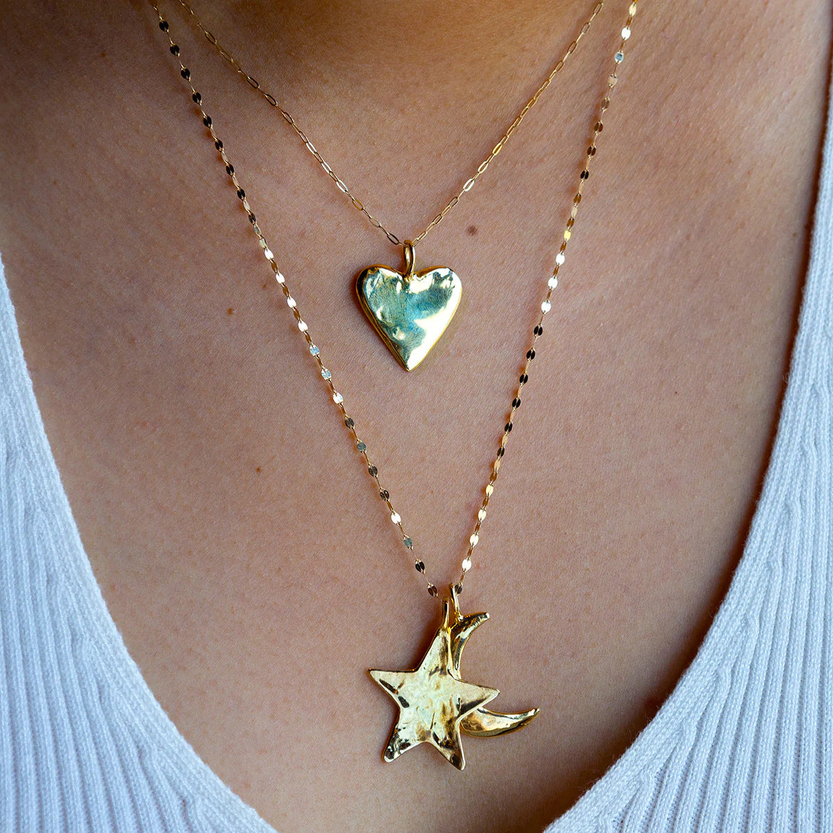 Elegant Gold Plated Brass Heart Moon Star Charm Bar Necklace for Women