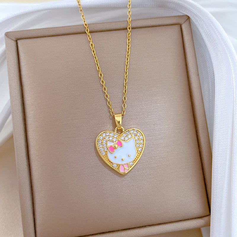 Sweet Heart Cat Drip Oil Rhinestone Pendant Necklace Titanium Steel Cable Chain