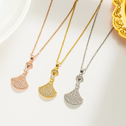 Luxury Rhinestone-Encrusted Titanium Steel Necklace for Women with Fan-Shaped Skirt Pendant and Polished Ball Chain