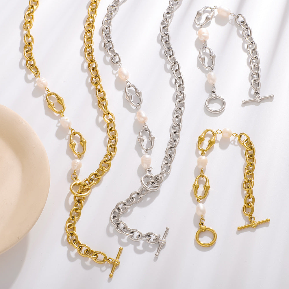 Ins Style Asymmetrical Geometric Pendant Necklace and Bracelet Set in Stainless Steel with Natural Pearl Accents and 18K Vacuum Plated Finish