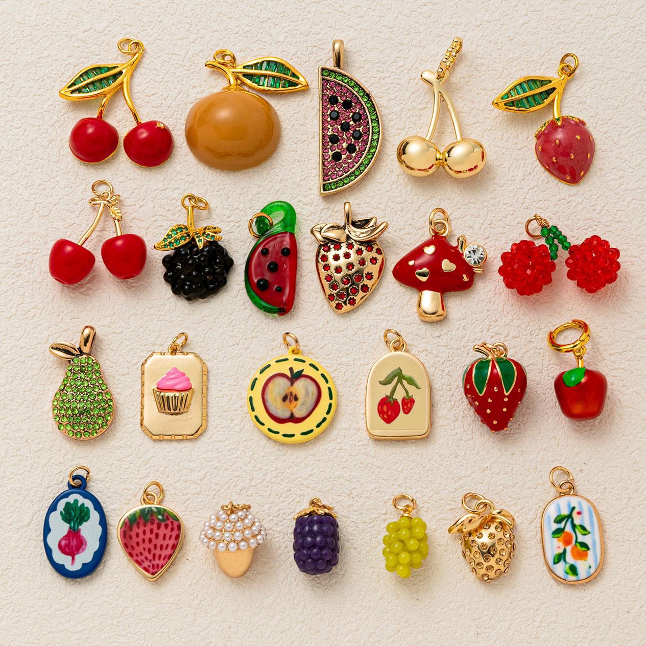 Sweet Brass Fruit Pendant Necklace with Cherry, Pineapple, Orange, Strawberry and Pear Charms