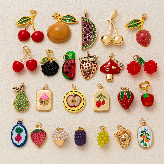 Sweet Brass Fruit Pendant Necklace with Cherry, Pineapple, Orange, Strawberry and Pear Charms