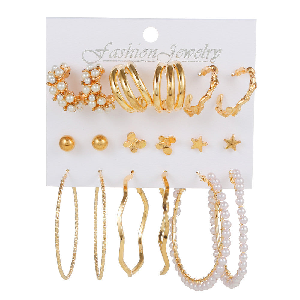 Plated Stainless Steel Butterfly Geometric Round Crystal Pearl Earrings Set for Unisex