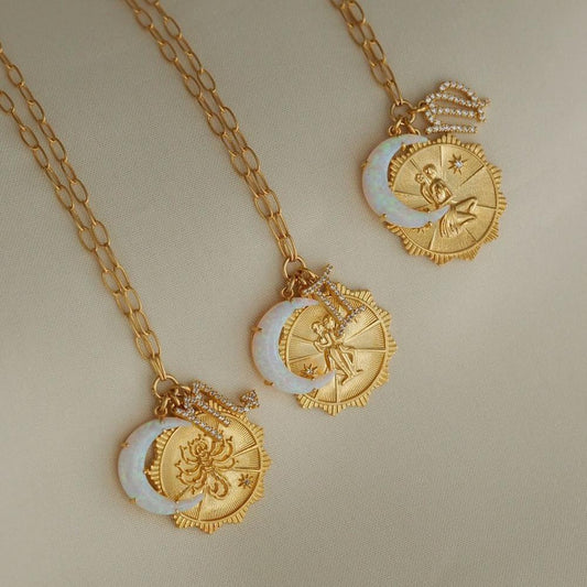 Vintage Zodiac Moon Opal Pendant Necklace in Copper with Micro-Pave Zirconia, Crescent Shape, Adjustable Clavicle Chain