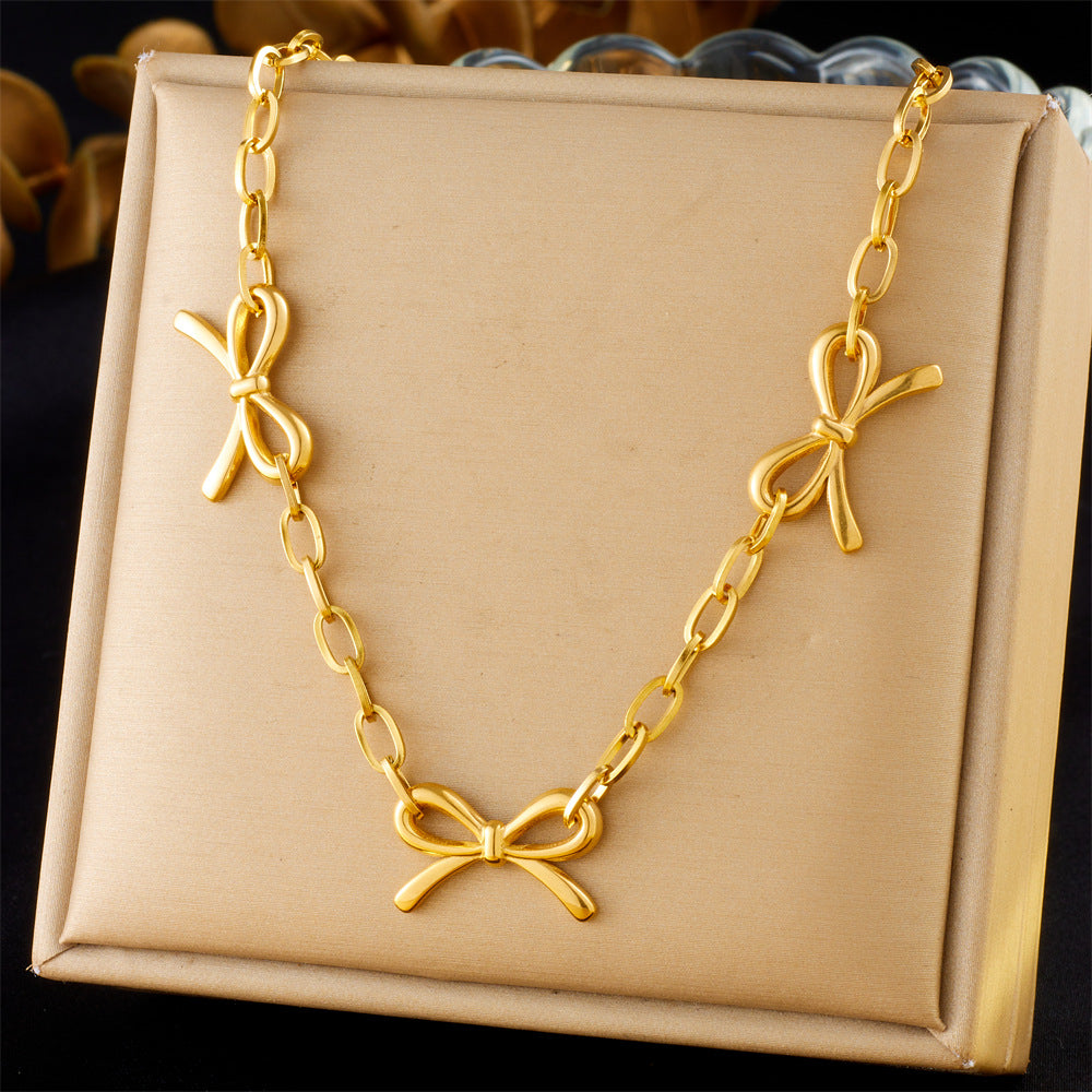 Punk Vintage Gold Plated Stainless Steel Curb Chain Necklace with Bow Knot Pendant