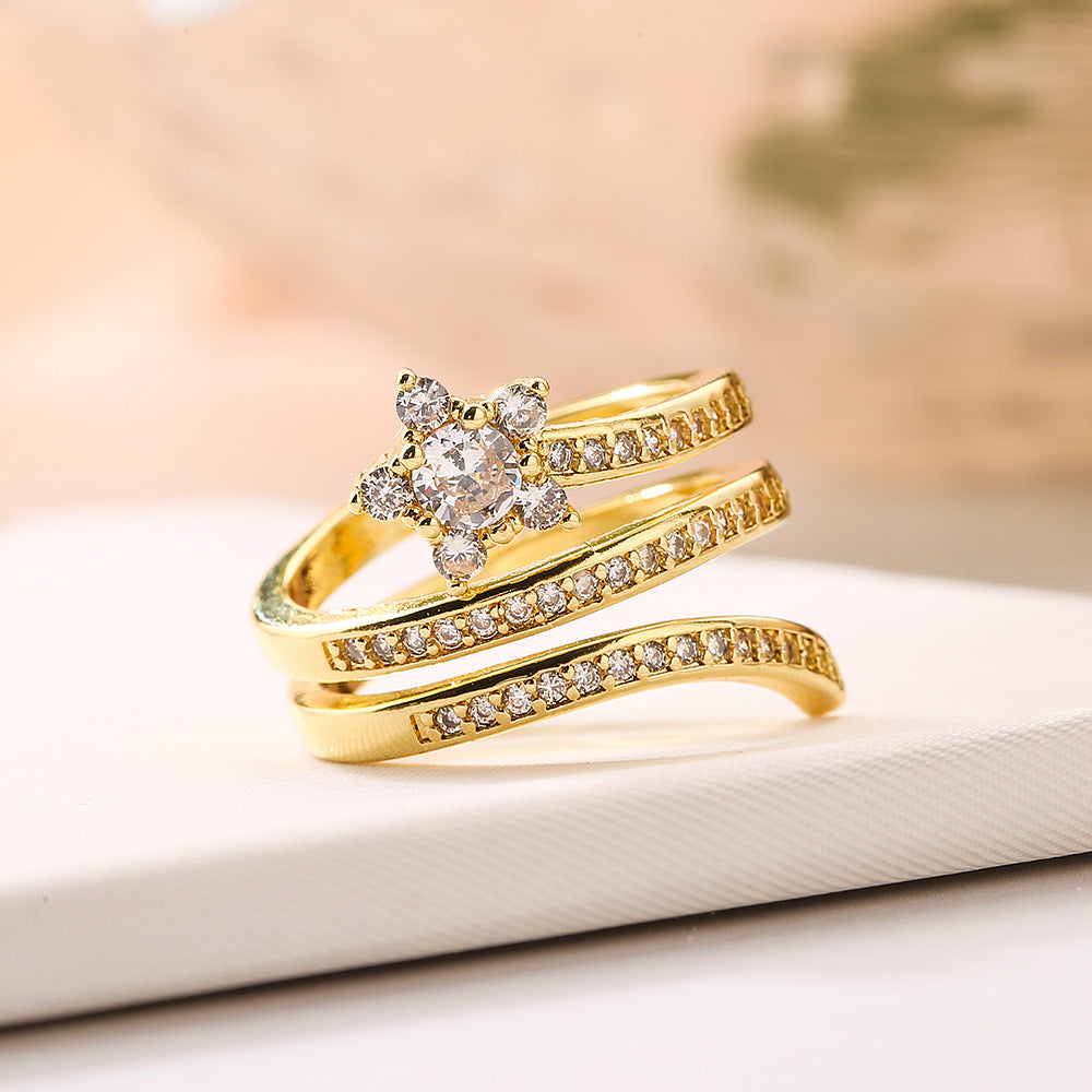 Anello Minimalista con Geometria Irregolare da Donna in Ottone con Placcatura Oro e Micro-Incastonatura a Pavé