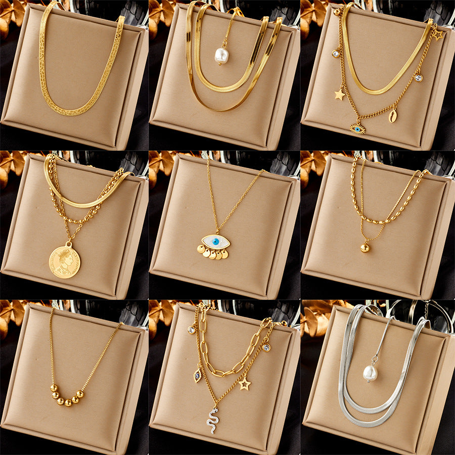 Collana Girocollo Minimalista in Acciaio Inossidabile con Ciondolo Rotondo a Perla e Charm a Forma di Occhio