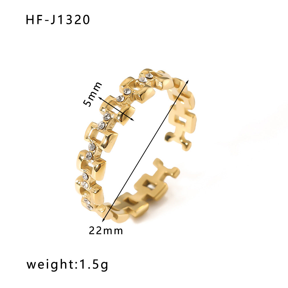 Anello da donna minimalista geometrico vintage in acciaio al titanio con intarsio di zirconi